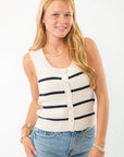 Z Supply Sycamore Sea Salt Stripe Sweater Vest featuring a sleeveless crochet knit design with navy stripes and button-down front. A boho-chic layering essential.