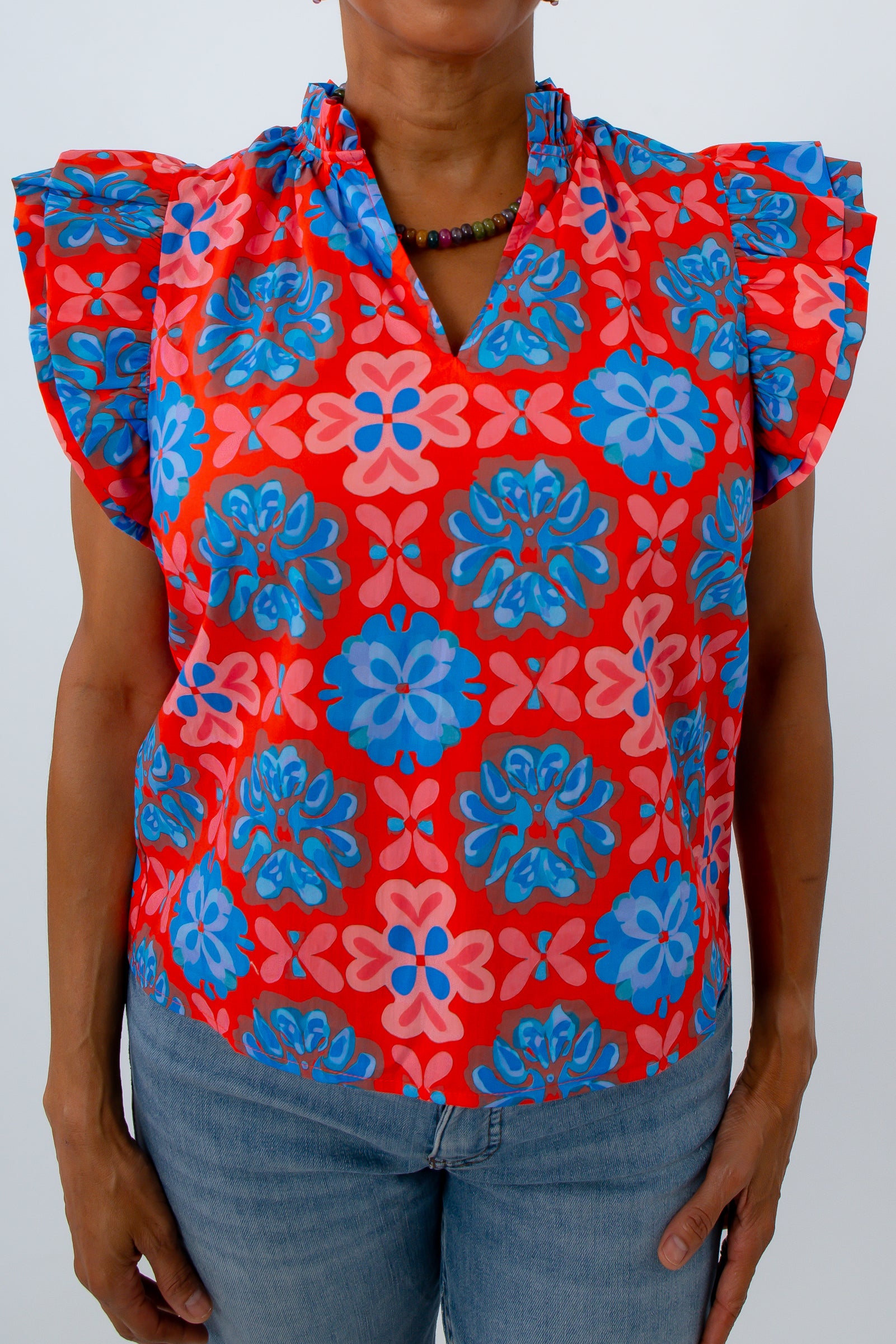THML Lyra Floral Mosaic Ruffle Sleeve Top | 100% Cotton Summer
