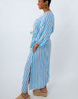 embroidered palm tree blue stripe beach coverup vacation outfit