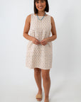 Cream dress with turquoise and gold sequins, sleeveless, pockets, summer occasion wear