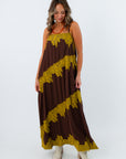 Brown long dress for fall with lace detailing, fall wedding guest dress, brown dress with chartreuse details