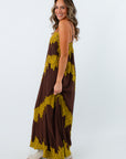 Thanksgiving outfit inspo fall maxi dress, dress for thanksgiving, brown dress with chartreuse lace all over