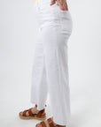 Side view of Kut from the Kloth Optic White Meg High Rise Wide Jean showcasing wide leg cut and flattering fit. Ideal for casual-chic outfits.