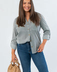Dark Green Striped Button Down – Perfect Fall Work Shirt styled with blue jeans and tan handbag, ideal for office or casual autumn outfits.