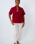 Garnet Blouse with ruffle neckline for University of South Carolina game day top
