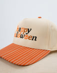 Happy Halloween snapback trucker hat with embroidered design, Adjustable Halloween trucker hat with snapback closure