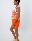Sequin and beaded tiger paw knit tank with orange denim shorts for clemson game day look