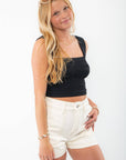 Front pose of Black Square Neck Smocked Brami - Stylish & Comfy Top featuring soft fabric and cropped fit for everyday fashion.