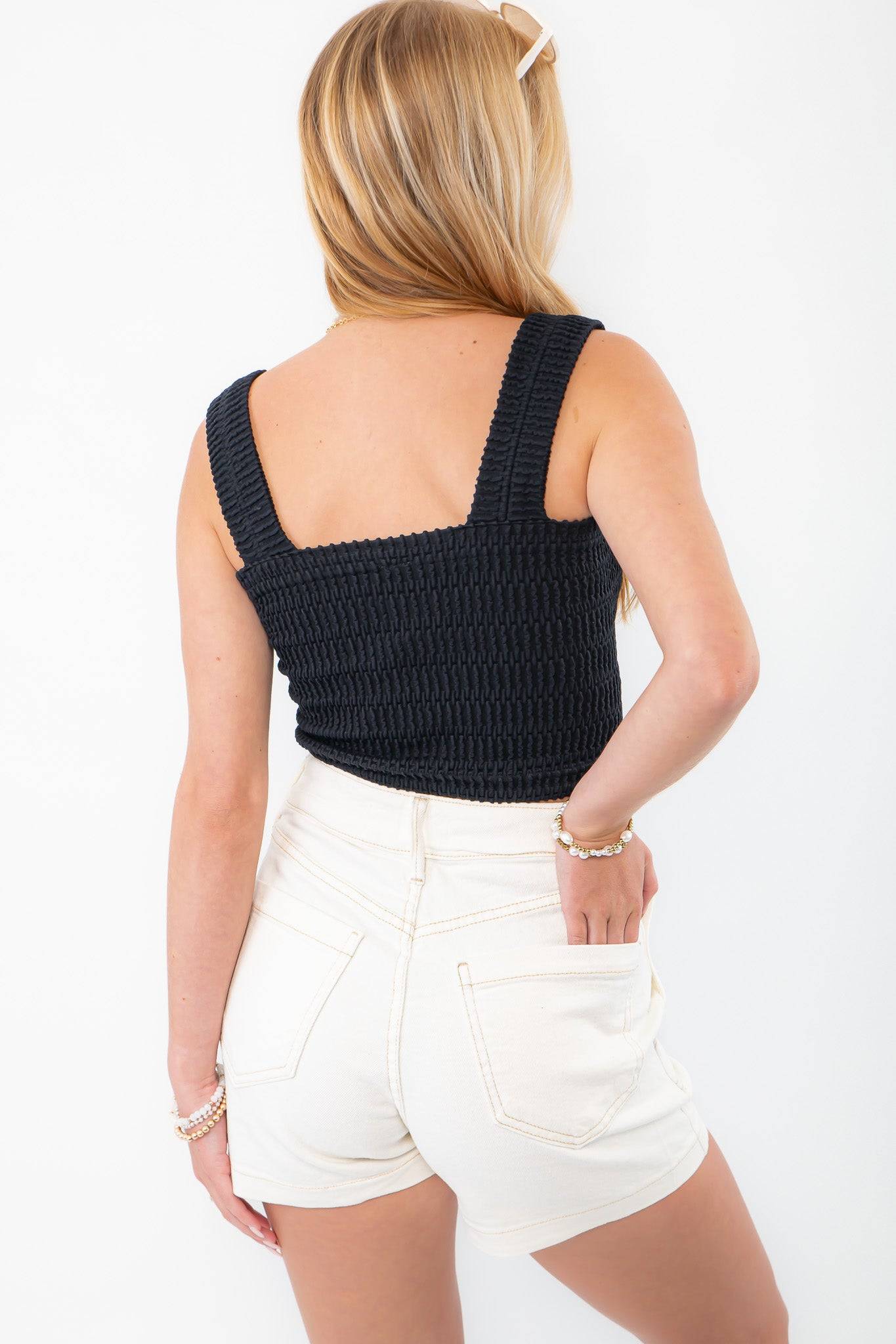 Back view of Black Square Neck Smocked Brami - Stylish & Comfy Top showing smocked texture and square neckline design.