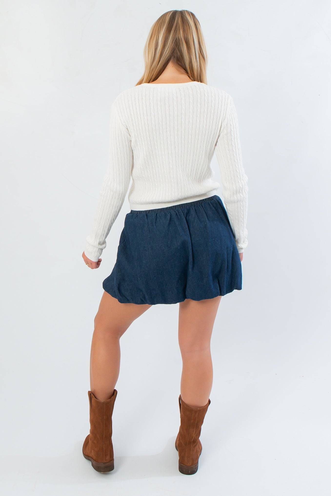 Back view of Cream Cable Knit Button Front Cardigan – Cozy Fall Essential highlighting ribbed knit detail and cropped length for fall layering.