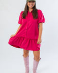 Chic Berry Suede Puff Sleeve Mini Dress featuring short puff sleeves and flared hem, perfect for fall occasions and holiday styling.