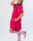 Side view of Berry Suede Puff Sleeve Mini Dress with functional pockets and playful silhouette, ideal for Thanksgiving or V-Day outfits.