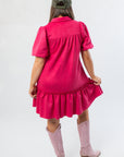 Back view of Berry Suede Puff Sleeve Mini Dress showcasing gathered yoke and ruffled skirt, a stylish short dress for seasonal events.