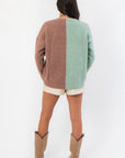 Back view of Road Ahead Mint & Brown Colorblock Sweater highlighting bold two-tone design and comfortable oversized silhouette.