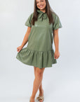 THML Avery Sage Puff Sleeve Faux Leather Mini Dress in olive green, featuring short puff sleeves and a flared mini skirt design.