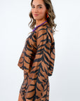 Clemson game day outfit tiger print top, tiger print top with boxy fit, boxy tiger print long sleeve top, satin tiger print top