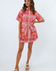 Floral mini dress with collar neckline and side pockets, pink and orange floral mini dress