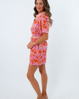 Button front short sleeve floral dress for fall events, pink floral short sleeve dress, pink and orange short sleeve dress