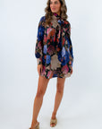 Fully lined short dress with neck tie for fall events, fall baby shower dress, blue floral dress with sleeves