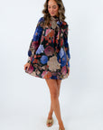 Long sleeve blue mini dress for Thanksgiving outfit inspo, fall short wedding guest dress, blue floral mini dress