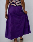Paneled purple maxi skirt with 100% cotton lining for TCU game day outfit, Clemson game day outfit, LSU game day outfit