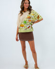 Ivory and green gingham colorblock thanksgiving meal knit top, Queen of Sparkles Thanksgiving, top with thanksgiving dinner on it
