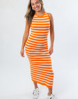 Yard Lines Orange & White Stripe Midi Dress with sleeveless design and fitted silhouette, ideal for Clemson gameday apparel.