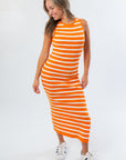 Clemson gameday-ready Yard Lines Orange & White Stripe Midi Dress featuring bold horizontal stripes and a flattering knit fit.