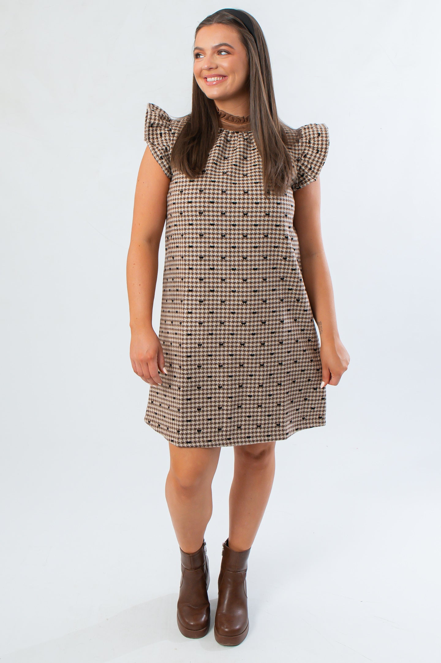 Blair Bow Print Brown Tweed Dress