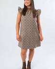 Sweet fall style Blair Bow Print Brown Tweed Dress featuring a relaxed fit, perfect for layering with boots for Thanksgiving or autumn outings.