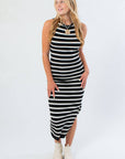 Black & White Stripe Midi Dress in fitted knit design, featuring bold horizontal stripes and a flattering silhouette for fall fashion.