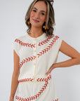 Queen of Sparkles Baseball Sequin Stitch Top front view, perfect for Savannah Bananas or Atlanta Braves games
