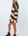 Stylish brown and cream striped fall quarterzip for layering, cozy thanksgiving outfit, cozy fall pullover