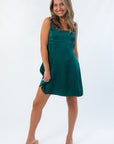 Front view of HYF Dark Green Mini Dress with a flattering A-line silhouette and square neckline, great for gameday or festive gatherings.