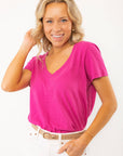 Z Supply Magenta Asher V-Neck Tee in soft cotton fabric, featuring a flattering V-neck and relaxed silhouette for effortless styling.