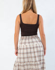 Back view of basic brown scoop neck sleeveless bodysuit, highlighting smooth fit and comfortable design for layering.