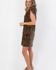 Side view of THML Brown Cheetah Print Suede Dress showing relaxed fit, short hemline, and cap sleeves in soft suede fabric for fall fashion.