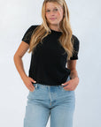 Z Supply Black Tourist Tee – Relaxed fit cotton crew neck t-shirt styled with light wash jeans, ideal for casual everyday wear.