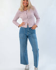 Model wearing Carry On Pink & Brown Striped Button Front Top paired with wide-leg jeans and sneakers, perfect for a casual fall outfit.