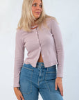 Carry On Pink & Brown Striped Button Front Top with long sleeves and crew neck, styled with high-waisted denim. A cozy fall essential for layering.