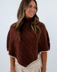 Cozy brown knit poncho for fall and Thanksgiving outfit inspo, fall poncho, brown poncho, knit poncho