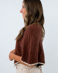Short sleeve fall poncho with turtleneck and intricate trim, brown poncho for fall, knit poncho for fall