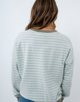 Collegiate style blue and white striped knit top, blue and white striped sweater