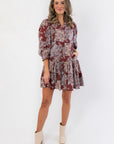 Stylish Scottie Burgundy Print Tiered Mini Dress with tiered hem and long balloon sleeves, ideal for fall fashion and western-inspired outfits.