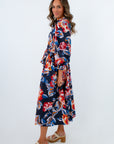 Comfortable and stylish long sleeve dress for autumn events, navy floral midi dress for fall, fall wedding guest dress, long floral dress for fall workwear