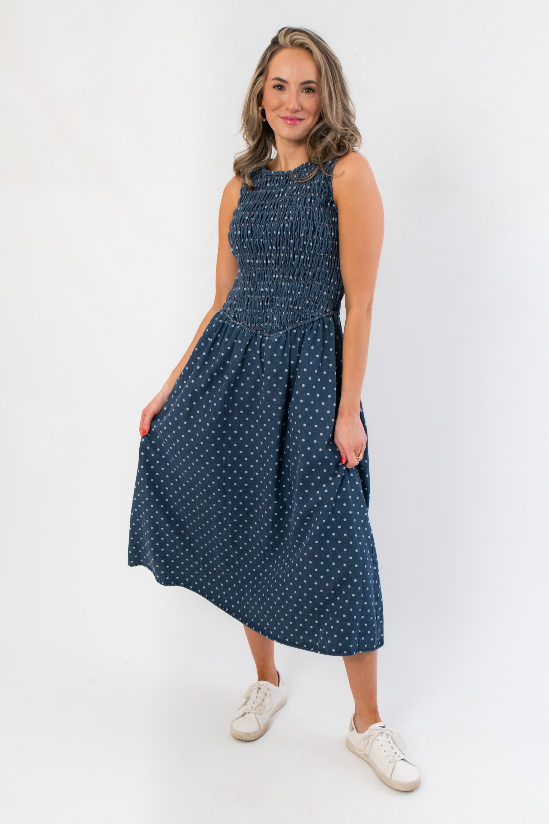 white christmas dresses Elegant Denim Polka Dot Button Down Dress with Belt