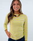 Comfortable green striped fall top with boatneck neckline, green striped long sleeve top, green striped long sleeve tee
