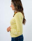 Elevated basic green long sleeve tee perfect for layering in fall, green and white striped top, green and white striped long sleeve tee