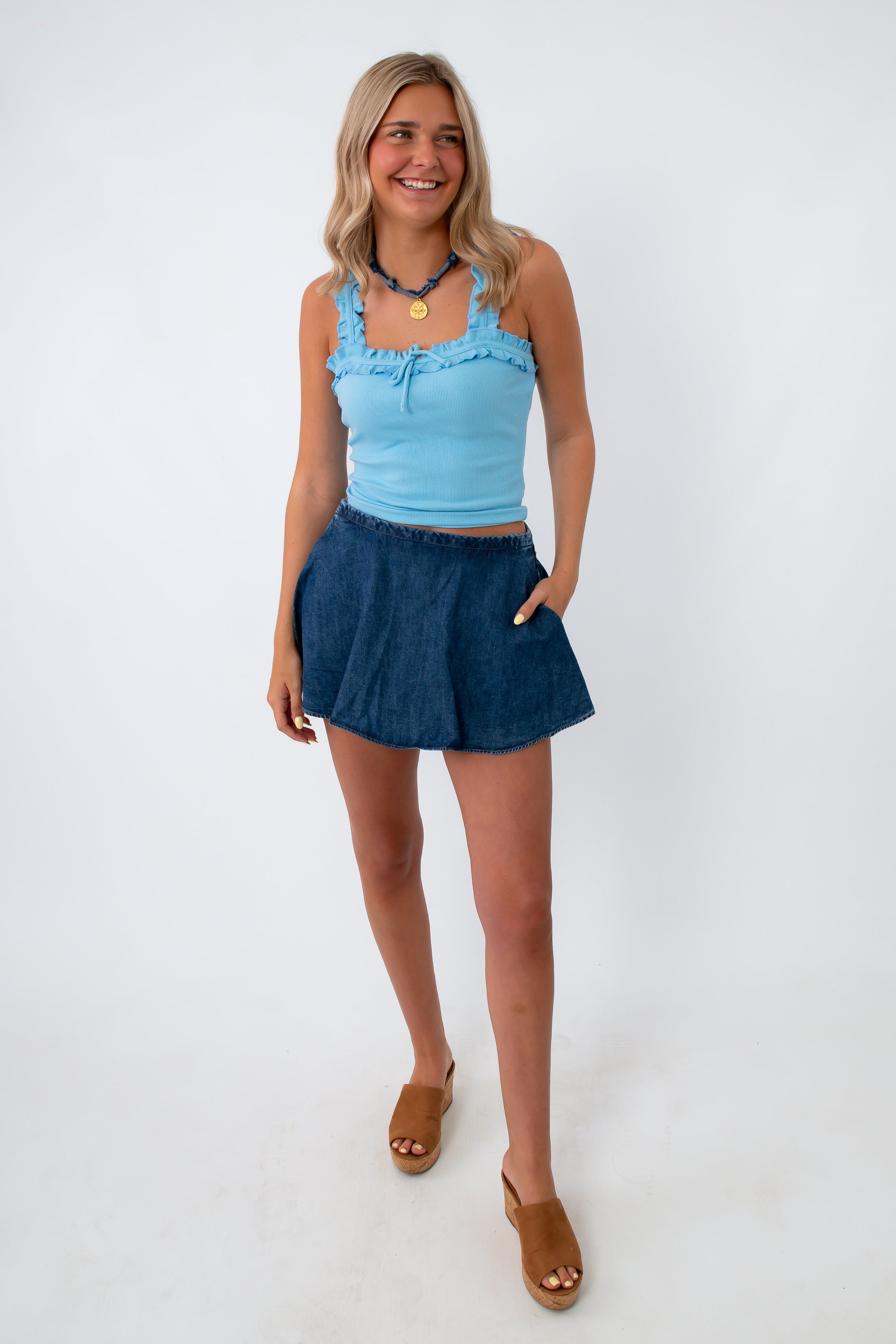Sydney Sky Blue Ruffle Knit Tank | Women's Summer Sleeveless Top