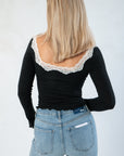 Back view of Free People Black Oh My Darling Long Sleeve – Slim Fit Lace Top highlighting deep scoop back with lace trim accent.